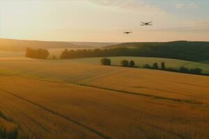 AI generated Drone flying over the field. Smart agriculture controlled. Neural network AI generated photo
