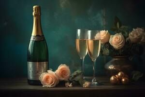 AI generated Champagne and roses elegant background. Neural network AI generated photo
