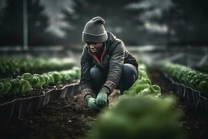 AI generated Women working in organic garden vegetables, picking fresh lettuce in garden. Neural network AI generated photo