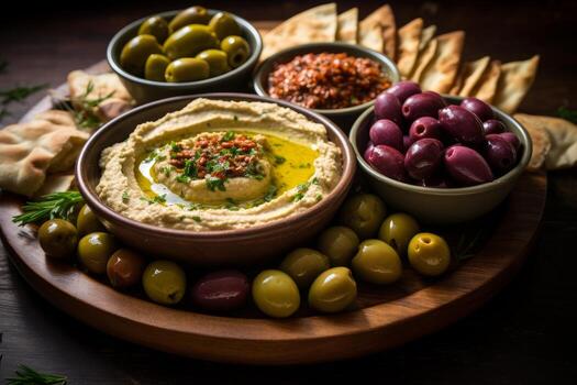 AI generated Photo of a Mediterranean mezze platter with hummus and olives. Generative AI