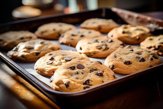 AI generated Photo of a tray of freshly baked chocolate chip cookies, still warm from the oven. Generative AI