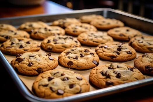 AI generated Photo of a tray of freshly baked chocolate chip cookies, still warm from the oven. Generative AI