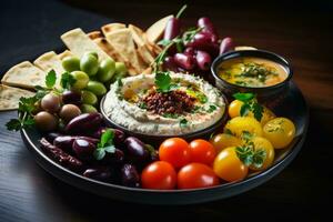 AI generated Photo of a Mediterranean mezze platter with hummus and olives. Generative AI