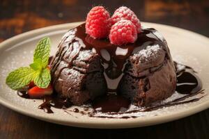 AI generated Photo of a mouthwatering chocolate lava cake with a gooey center. Generative AI