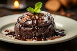 AI generated Photo of a mouthwatering chocolate lava cake with a gooey center. Generative AI