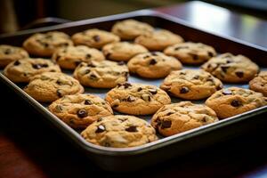 AI generated Photo of a tray of freshly baked chocolate chip cookies, still warm from the oven. Generative AI