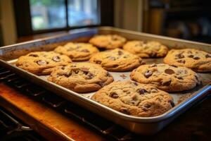 ai generado foto de un bandeja de recién horneado chocolate chip galletas, todavía calentar desde el horno. generativo ai