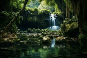 ai generado foto de un sereno bosque claro con un oculto cascada. generativo ai