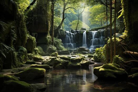 AI generated Photo of a serene forest glade with a hidden waterfall. Generative AI