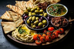 AI generated Photo of a Mediterranean mezze platter with hummus and olives. Generative AI