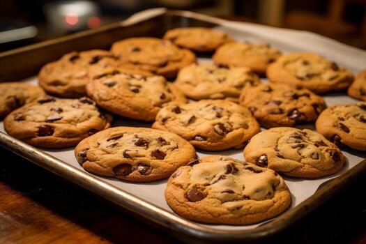 AI generated Photo of a tray of freshly baked chocolate chip cookies, still warm from the oven. Generative AI