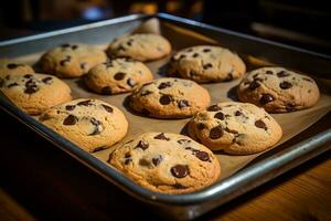 AI generated Photo of a tray of freshly baked chocolate chip cookies, still warm from the oven. Generative AI