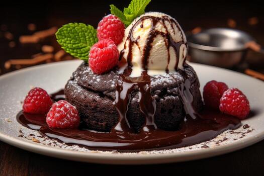 AI generated Photo of a mouthwatering chocolate lava cake with a gooey center. Generative AI