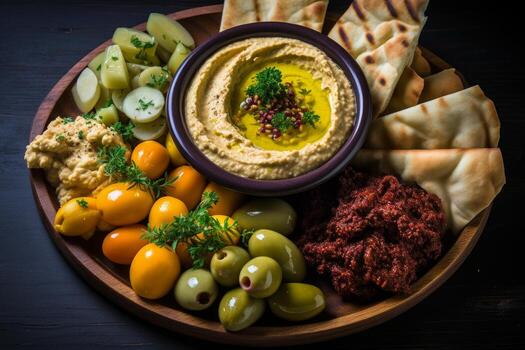 AI generated Photo of a Mediterranean mezze platter with hummus and olives. Generative AI