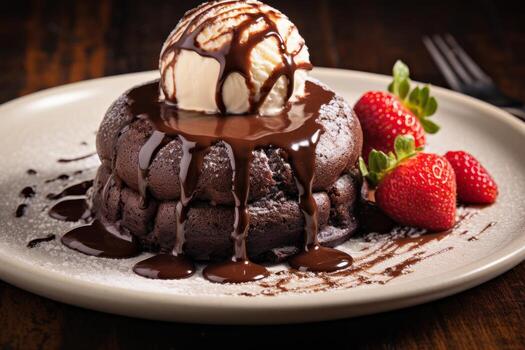 AI generated Photo of a mouthwatering chocolate lava cake with a gooey center. Generative AI
