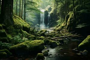 AI generated Photo of a serene forest glade with a hidden waterfall. Generative AI
