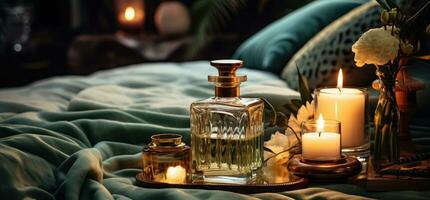 AI generated a glass bottle with perfume aromatherapy sitting on a bed with candles and candles on it photo