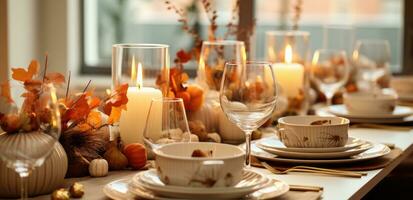AI generated a Thanksgiving table with some pumpkins, candles and table settings photo