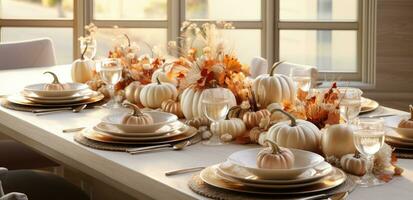 AI generated a table set with fall decorations and pumpkins photo