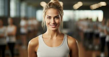 ai generado un mujer es en pie en el gimnasio y ella es mirando adelante a formación foto