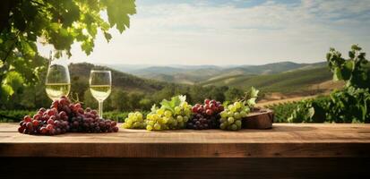 AI generated a table with wine and grapes sitting in front of vineyard photo