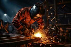 AI generated a man in overall working in a factory using welding equipment, photo