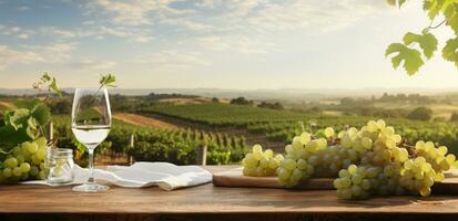 AI generated a white table and glasses on the table with wine and grapes photo