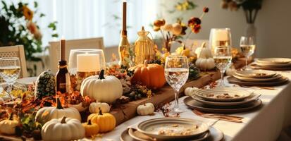 ai generado un acción de gracias mesa con algunos calabazas, velas y mesa ajustes foto