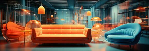 AI generated blue sofas, pillows, a blue coffee table and glasses around it photo