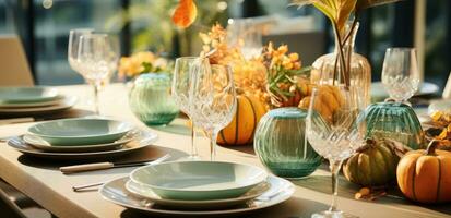 ai generado un mesa conjunto con otoño decoraciones y calabazas foto