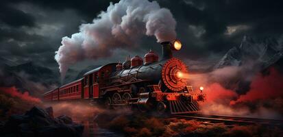 AI generated an old red steam train is coming down the tracks photo