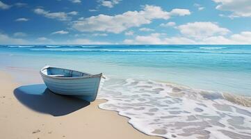 AI generated boat at the beach with oblivion blue wave photo