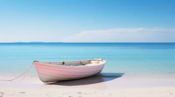 AI generated boat at the beach with oblivion blue wave photo