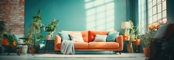 AI generated bright living room interior with colorful walls and remodeled interior photo