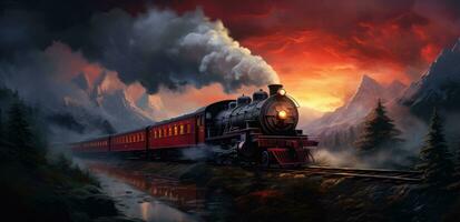 ai generado un antiguo rojo vapor tren es viniendo abajo el pistas foto