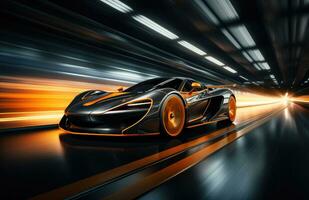 AI generated an orange and black racing car speeding down a track with lights on photo