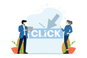 Internet concept. Click the button here on the laptop screen. Cursor pointer sign. Little people with big mouse arrow clicks. Modern flat cartoon style. Vector illustration on white background.