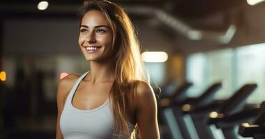 AI generated young woman standing walking on treadmill in the gym with equipment photo