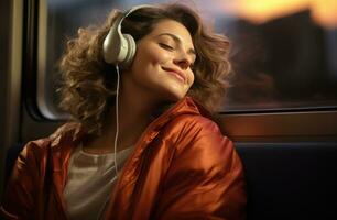 ai generado mujer escuchando a música en un tren mujer foto