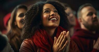 AI generated woman clapping with teammates at football game in sports photo