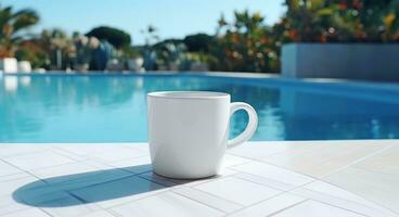 AI generated white coffee cup on stone tiled outside swimming pool photo