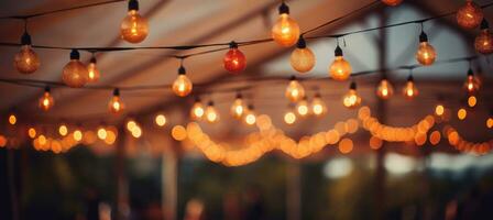 AI generated wedding photo gallery of hanging lights, wedding venue