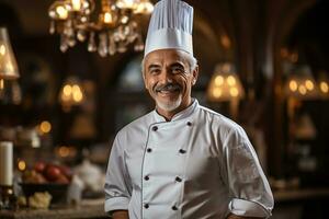 ai generado un masculino cocinero sonriente y posando en el cocina foto