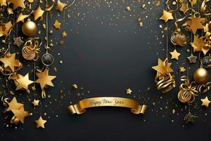 AI generated happy new year background with golden stars and ribbons, black gradient background photo