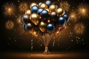 AI generated happy new year greeting with balloons and fireworks photo