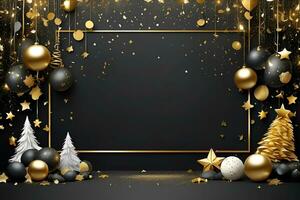 AI generated happy new year background with golden stars and ribbons, black gradient background photo