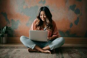 AI generated Cute freelance girl using laptop, sitting on floor and smiling photo