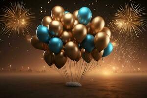 ai generado contento nuevo año saludo con globos y fuegos artificiales foto