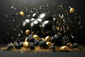 AI generated happy new year background with balloons and confetti black design photo