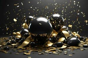 AI generated happy new year background with balloons and confetti black design photo